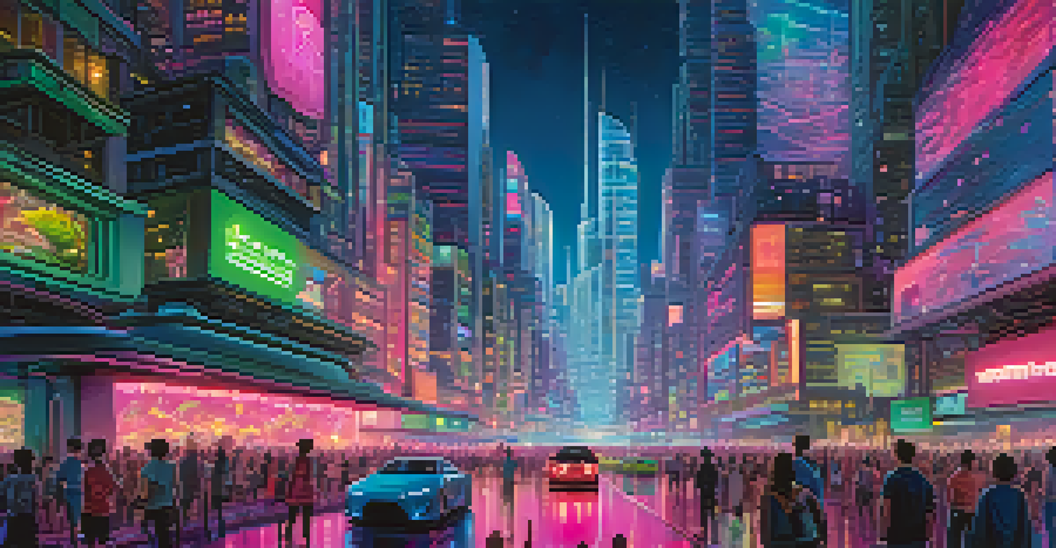 A vibrant futuristic city at night, featuring neon-lit skyscrapers and a lively street scene.