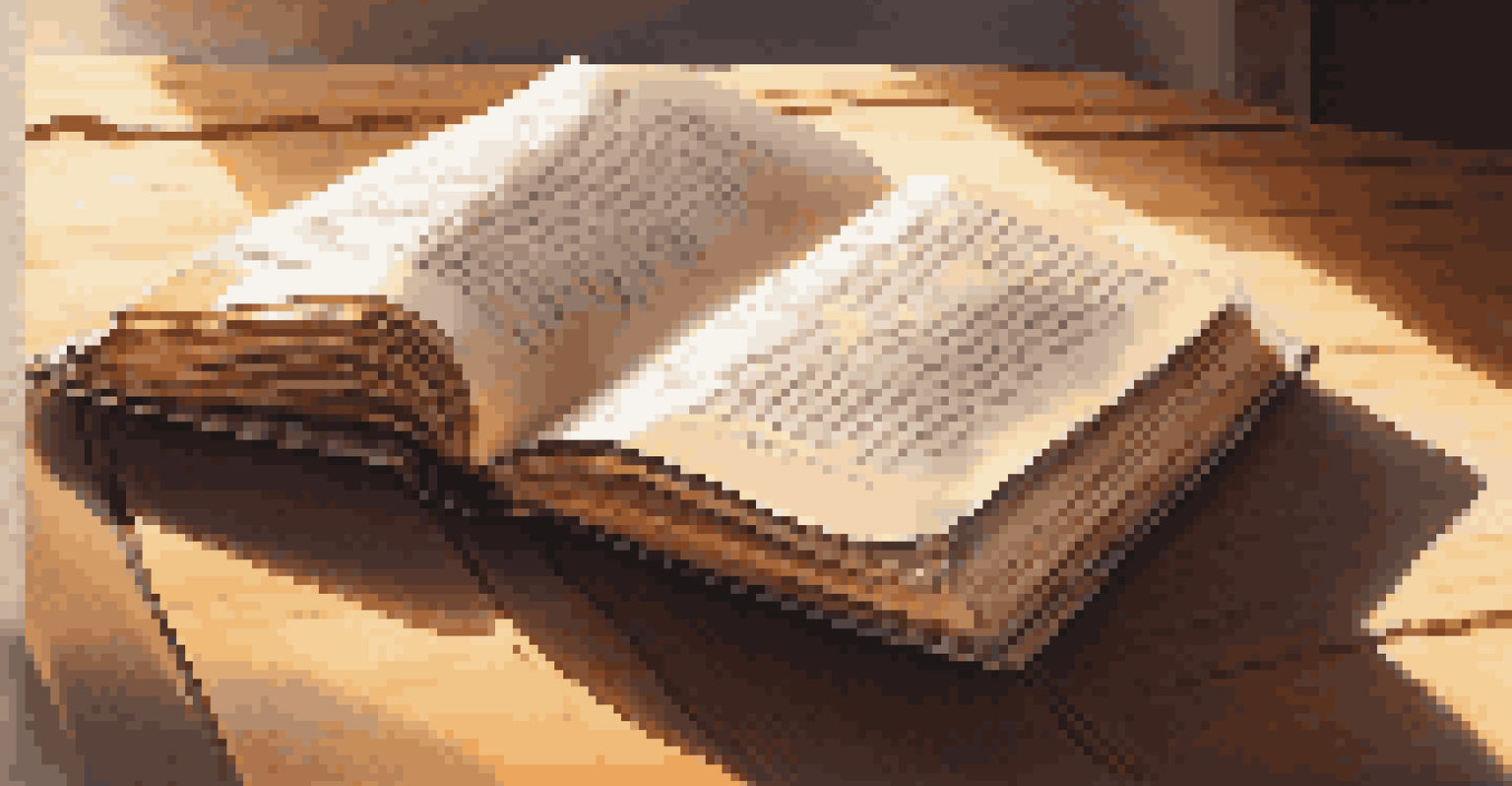 An open book on a wooden table with sunlight casting soft shadows, highlighting the minimal text on the pages.
