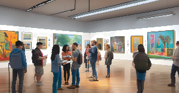 A digital art gallery filled with diverse artists' colorful paintings and sculptures, with people from different backgrounds engaging with the art.