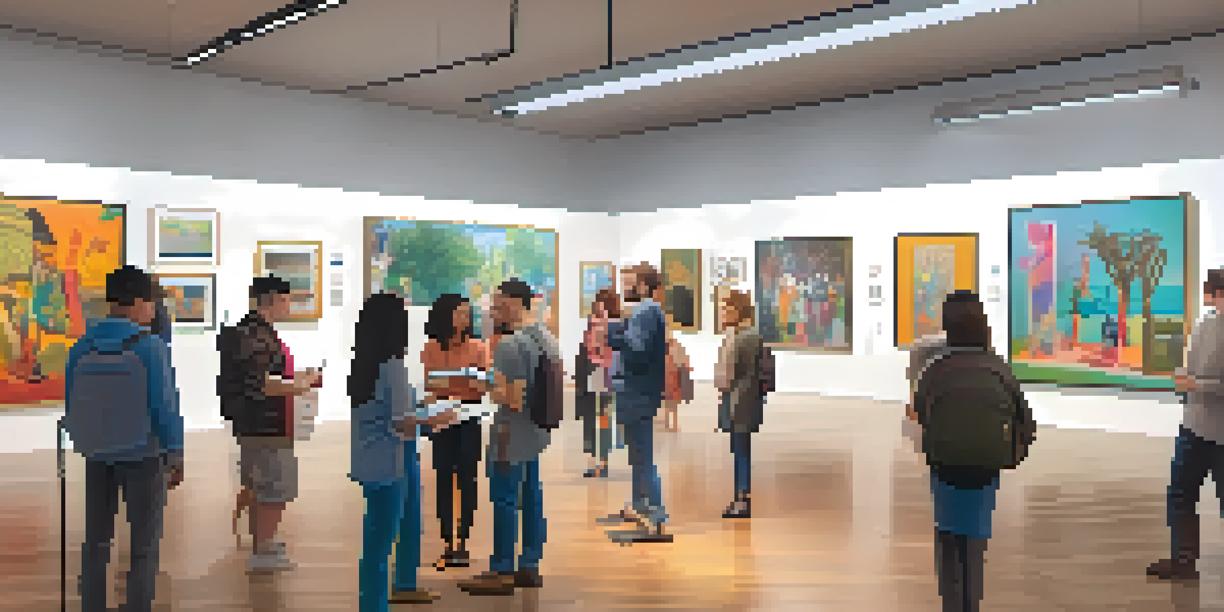A digital art gallery filled with diverse artists' colorful paintings and sculptures, with people from different backgrounds engaging with the art.