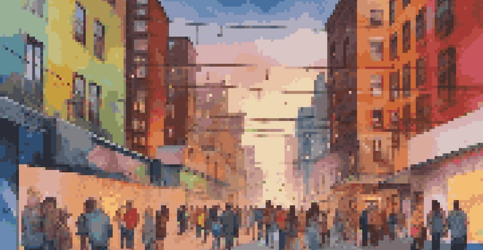 A lively mural on a city wall with colorful abstract shapes and animated elements, illuminated in the evening light, as people use their smartphones to engage with the artwork.