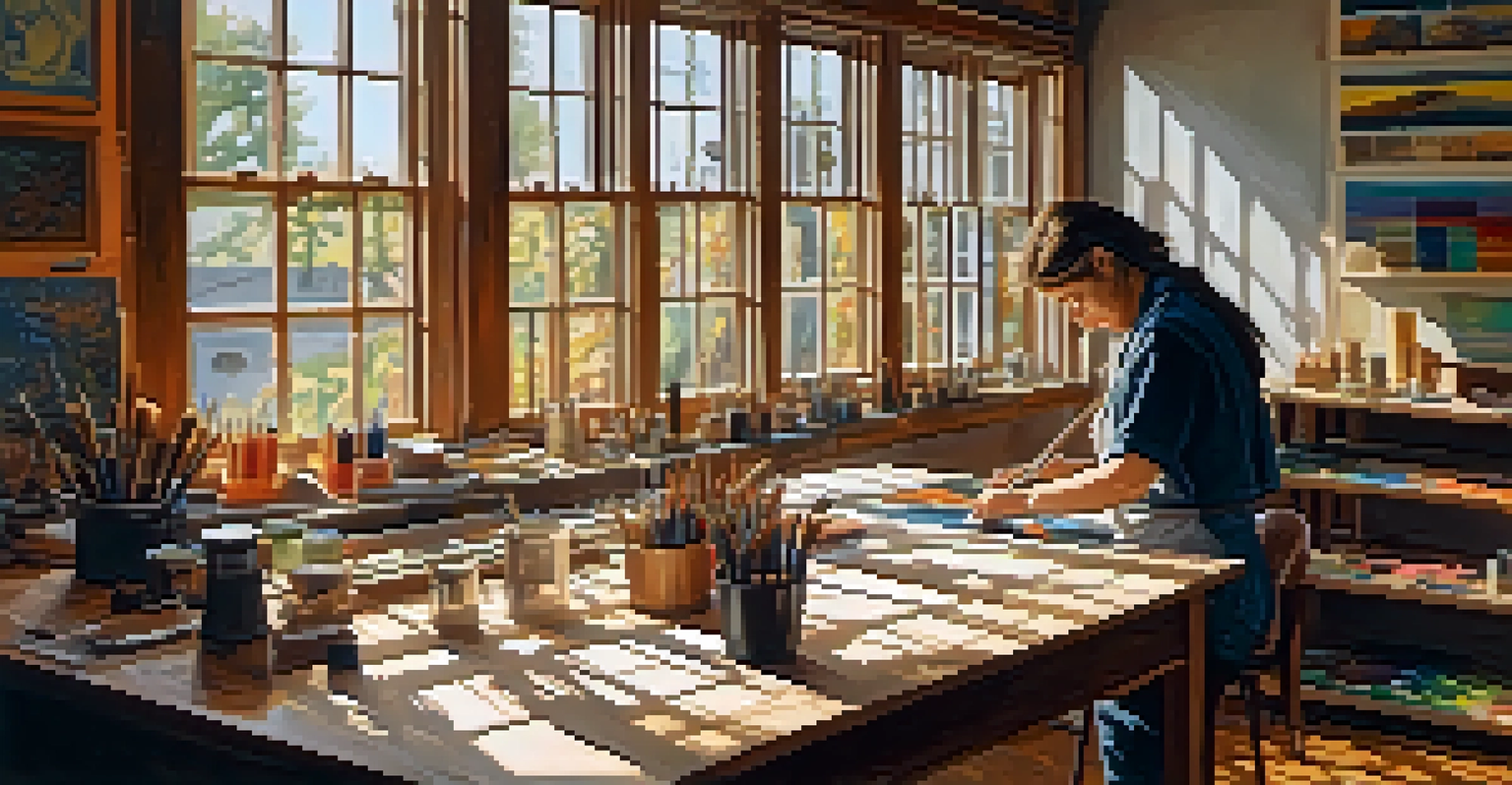 An artist in a bright printmaking studio, working with inks and tools on a wooden table, surrounded by colorful materials.