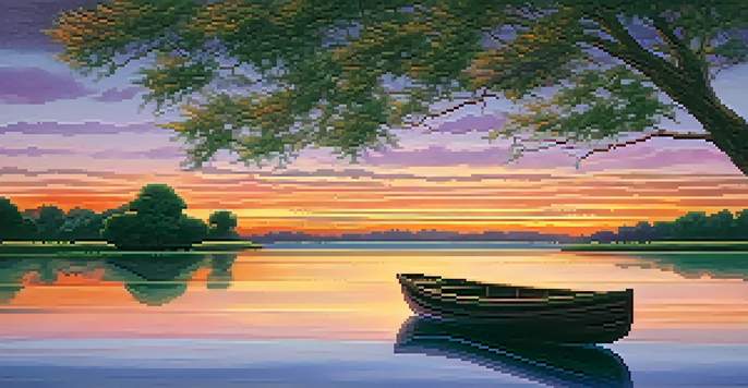 A picturesque sunset over a calm lake, with colorful reflections on the water and a small boat.