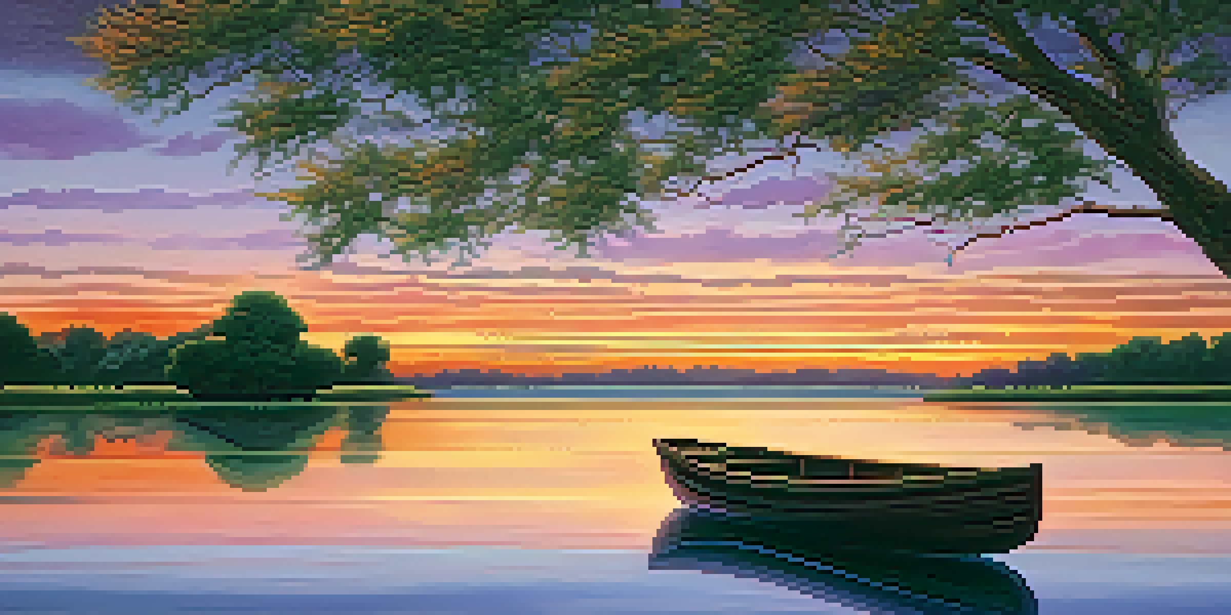 A picturesque sunset over a calm lake, with colorful reflections on the water and a small boat.