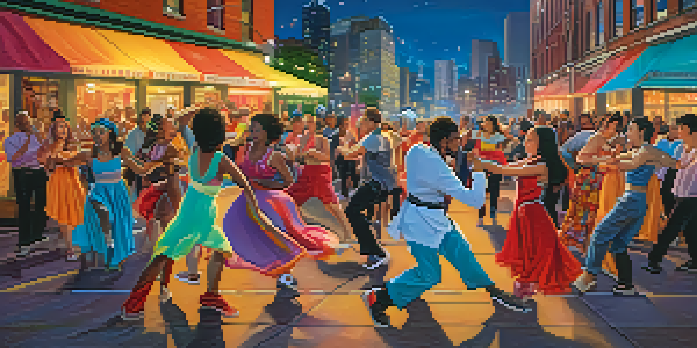 A lively outdoor performance art scene with artists dancing and performing against a colorful city skyline at dusk.