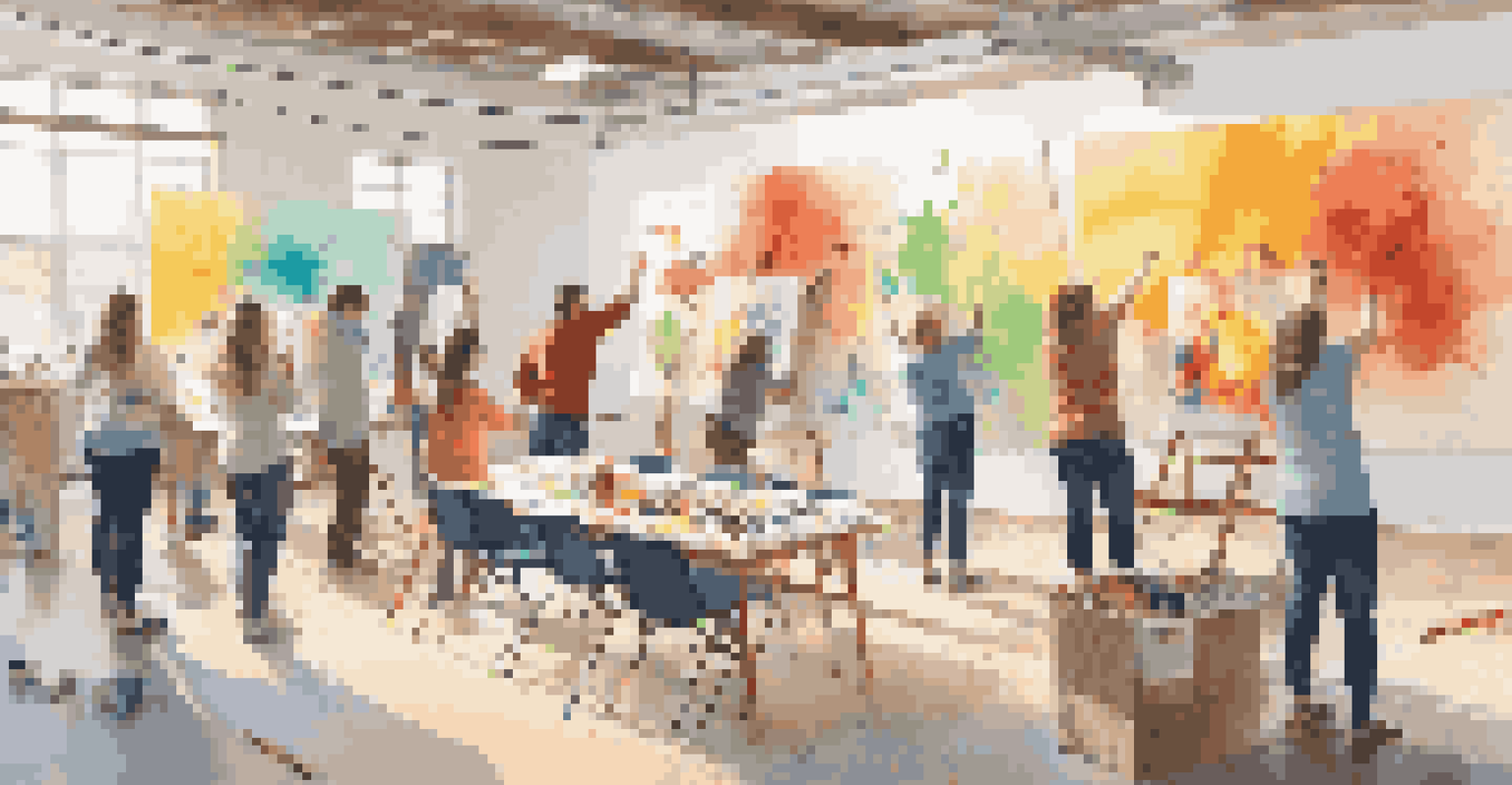 A community workshop where individuals of different abilities collaborate on a large mural, with vibrant colors and art supplies surrounding them. Natural light enhances the creative atmosphere.