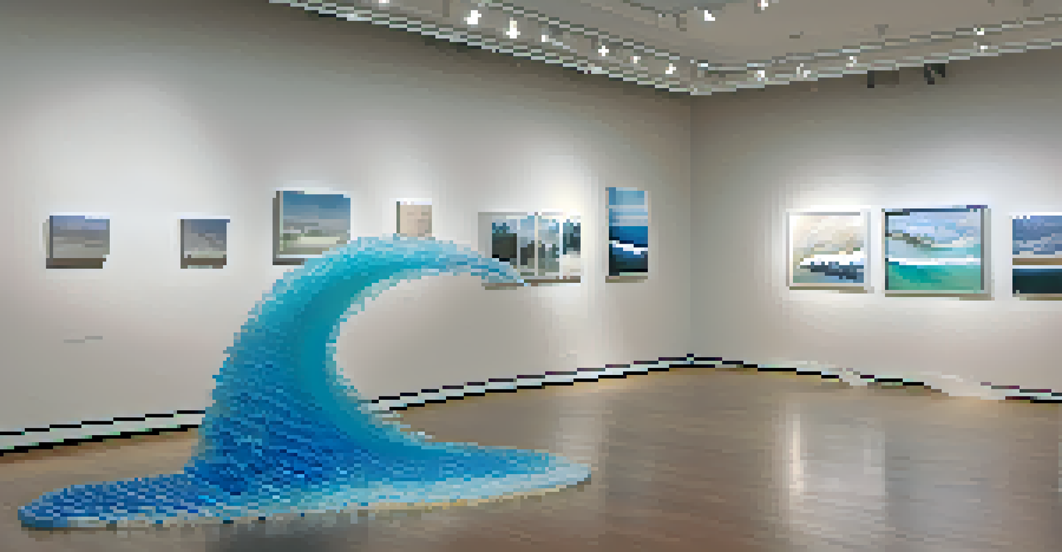 An art installation with wave-shaped sculptures made from recycled plastics in a gallery, lit with ambient lighting, and visitors observing.