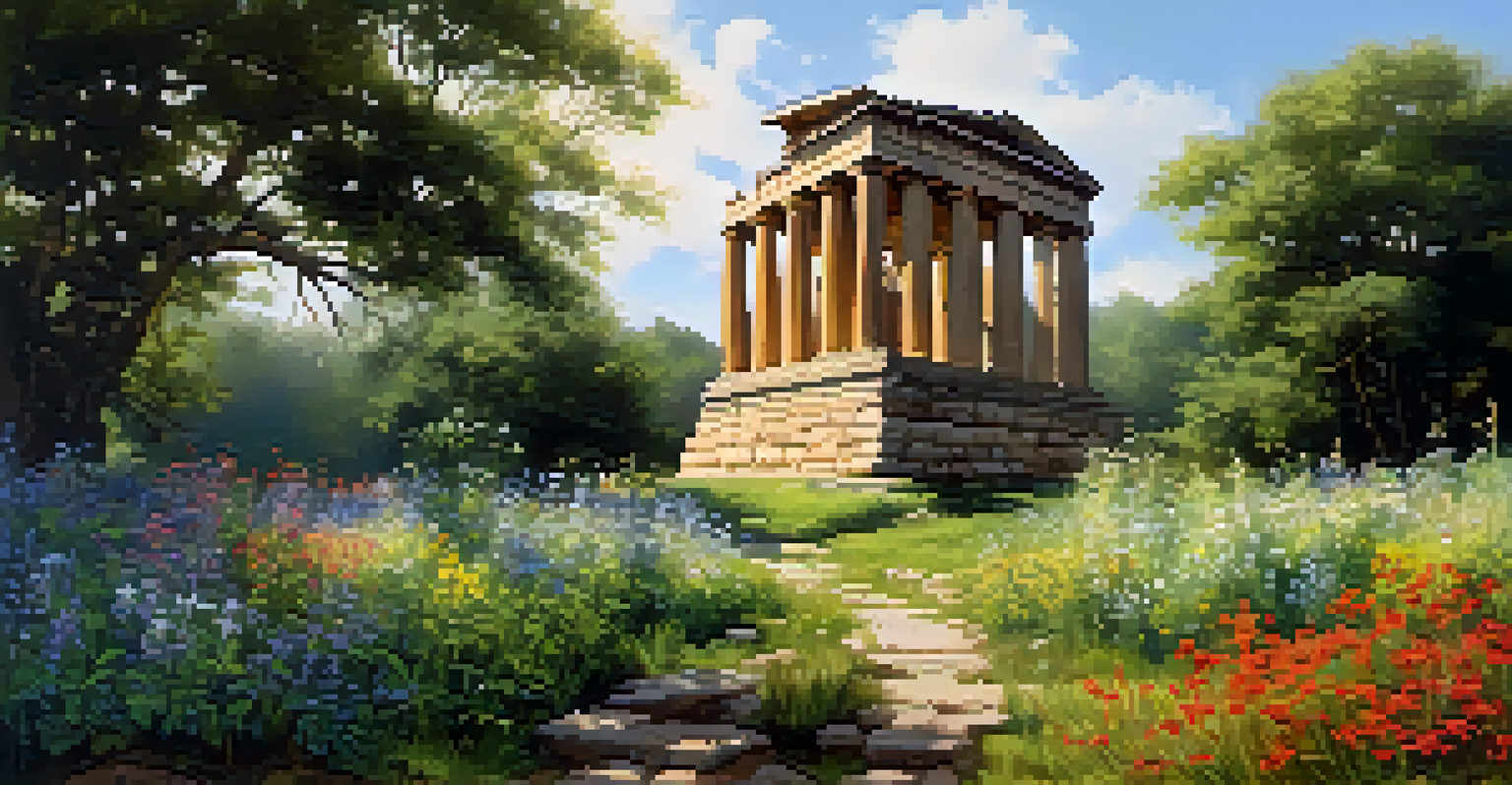 A peaceful landscape with a historic monument surrounded by greenery and wildflowers, under a clear blue sky.