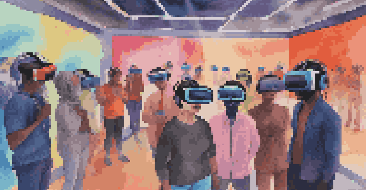 Individuals using virtual reality headsets, immersed in a digital art experience centered on human rights themes.
