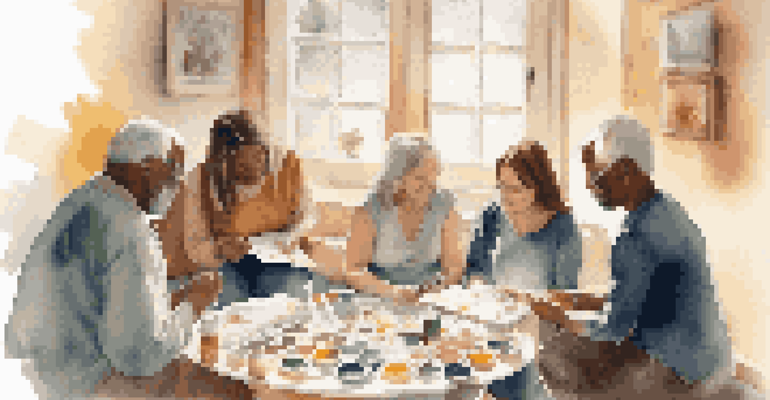 A group of individuals in a faith-based art therapy session, surrounded by art supplies, expressing their emotions through painting in a softly lit room.