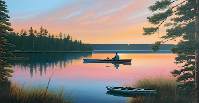 A tranquil sunset over a lake with a wooden dock and a kayak, surrounded by pine trees.