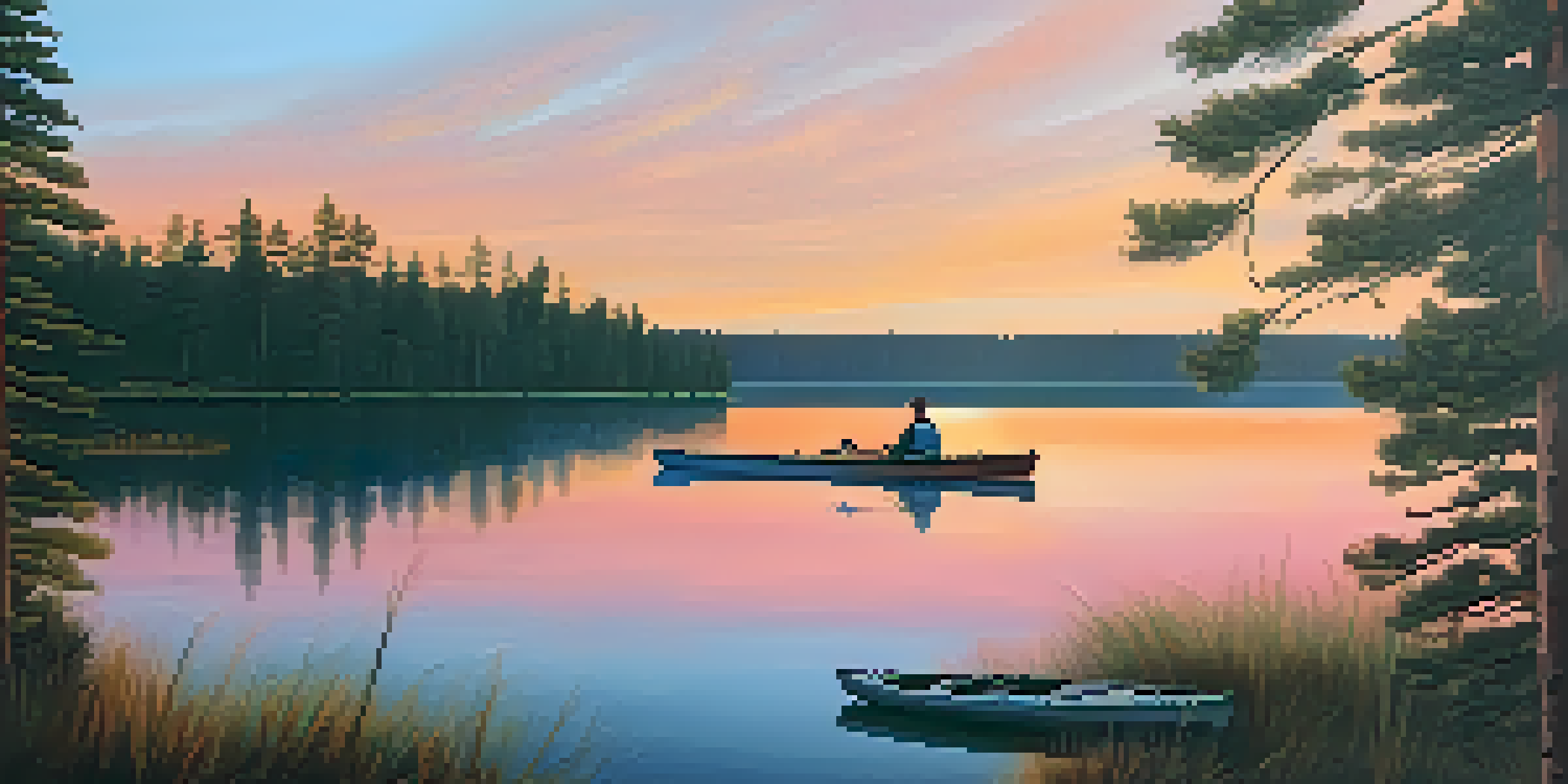 A tranquil sunset over a lake with a wooden dock and a kayak, surrounded by pine trees.