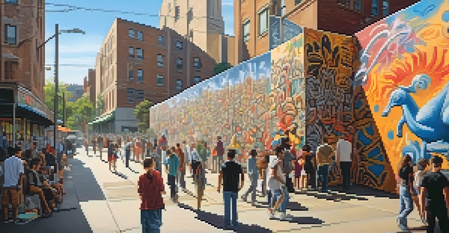 An urban wall covered in colorful graffiti that blends traditional symbols with modern art, with diverse people interacting in the foreground.