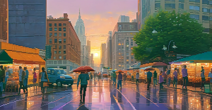 A lively city scene at sunset with diverse buildings, street vendors, and pedestrians, showcasing vibrant colors in the sky.