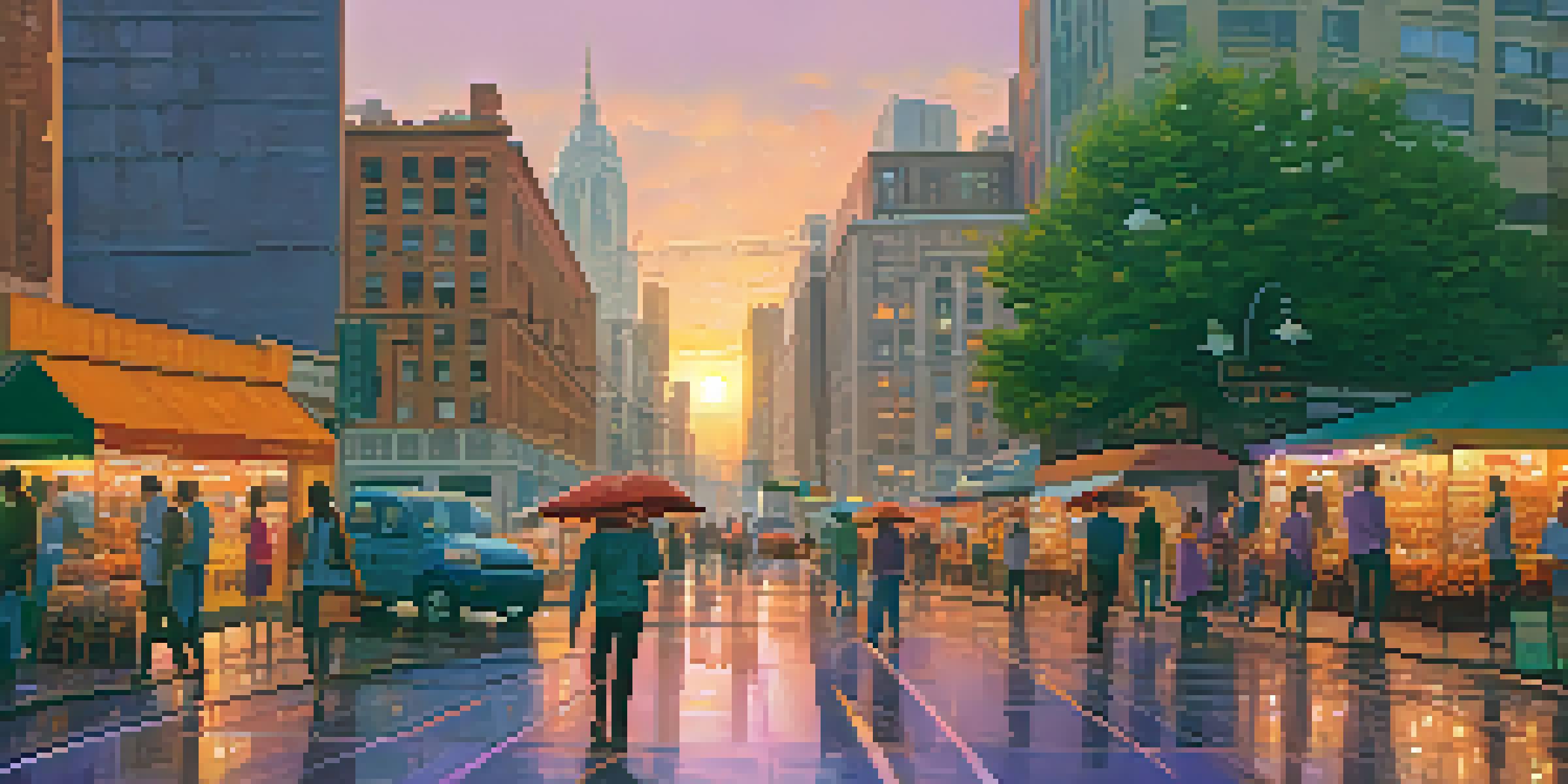 A lively city scene at sunset with diverse buildings, street vendors, and pedestrians, showcasing vibrant colors in the sky.