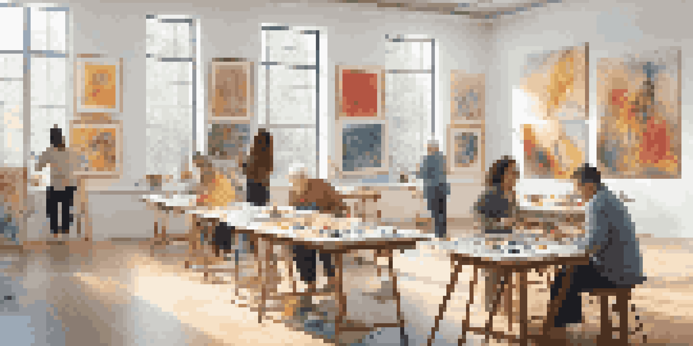 A bright art therapy room with individuals of diverse backgrounds creating art, surrounded by colorful artwork on the walls.
