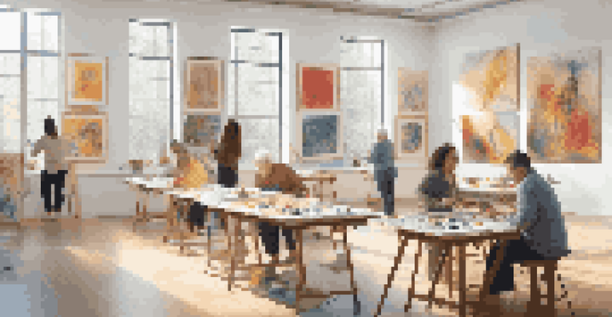 A bright art therapy room with individuals of diverse backgrounds creating art, surrounded by colorful artwork on the walls.