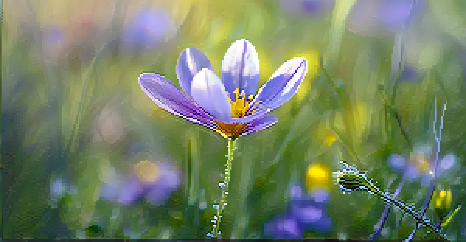 A close-up of colorful wildflowers blooming in a sunny meadow with morning dew.