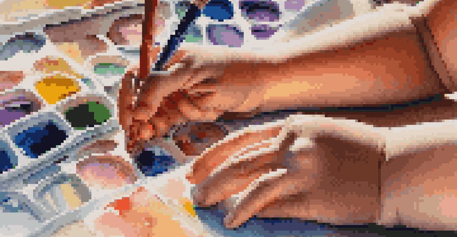 A child's hands painting on a canvas with colorful paint tubes and brushes in the background, capturing a moment of creativity.