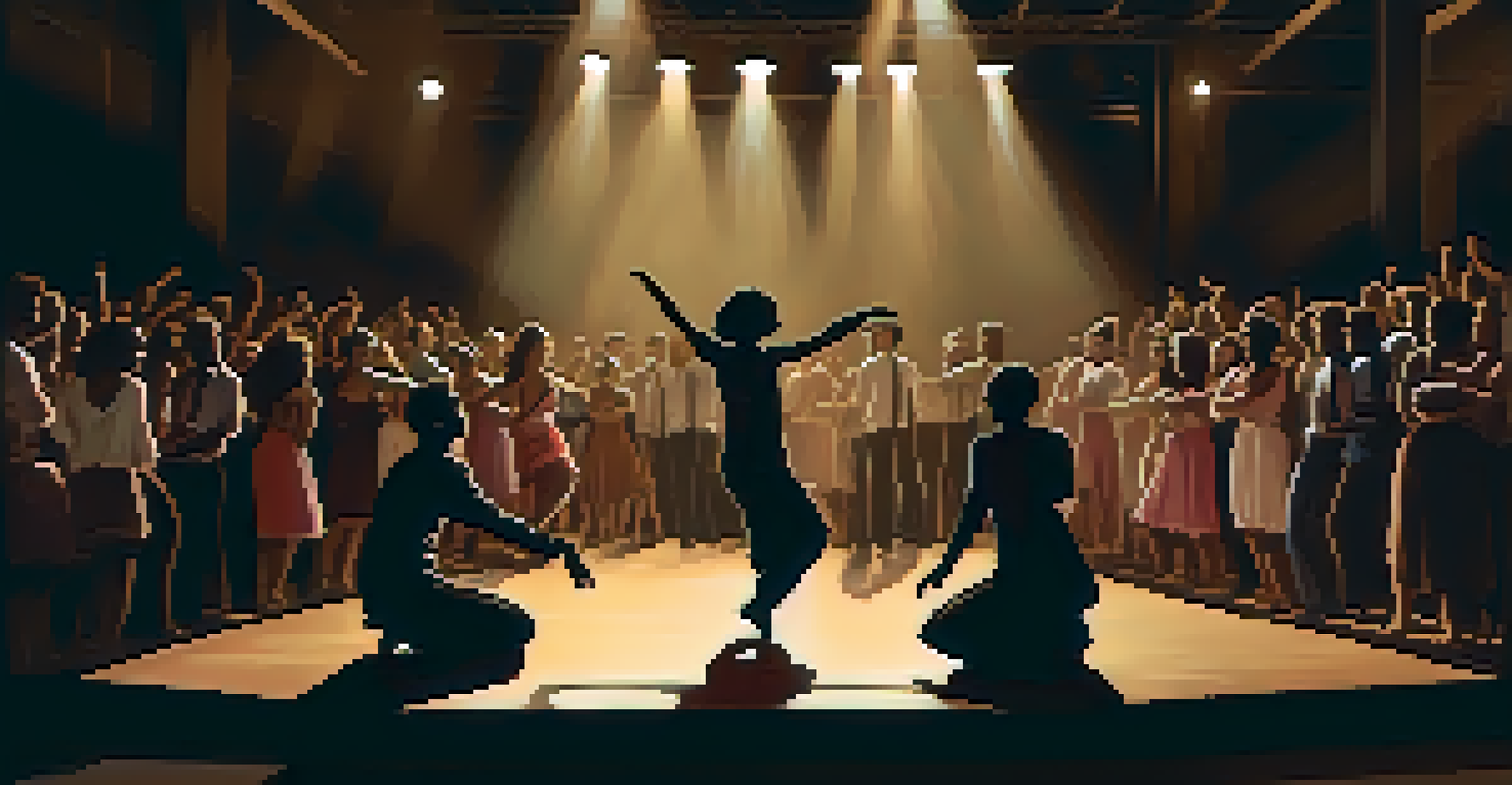 A refugee artist performing on stage, illuminated by a spotlight, conveying emotions through dance with an engaged audience in the background.