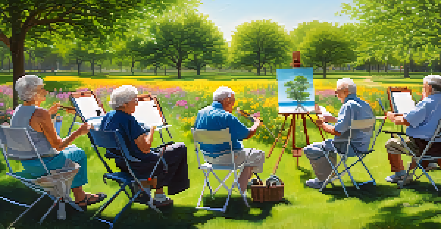 Group of seniors painting a colorful landscape in a park, surrounded by blooming flowers and greenery.