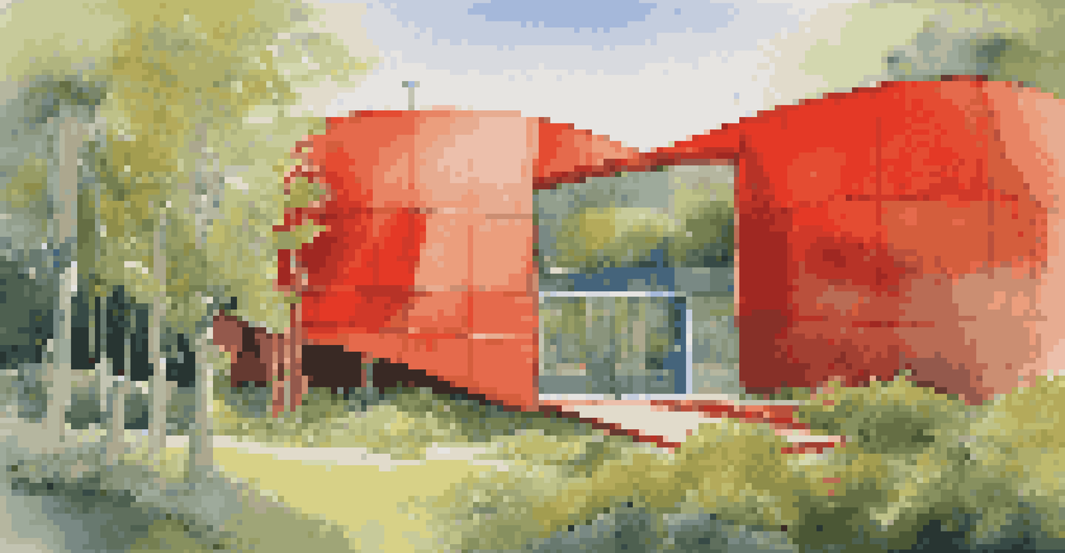 A bold art installation in red and orange contrasting with green trees and a blue sky, emphasizing the connection between art and nature.