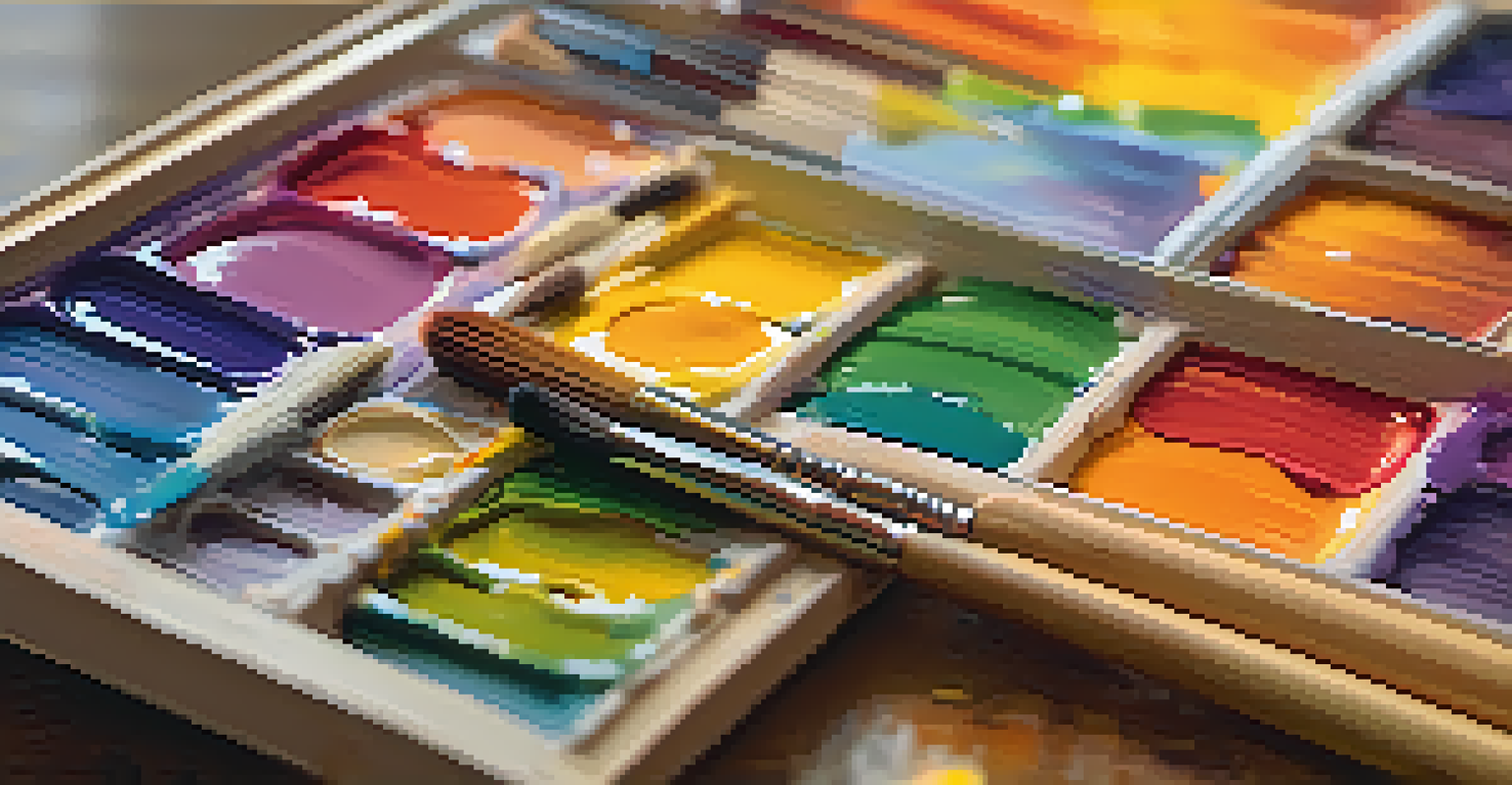 A close-up of a colorful painter's palette with brushes and canvas in a sunlit studio, reflecting a range of emotions.