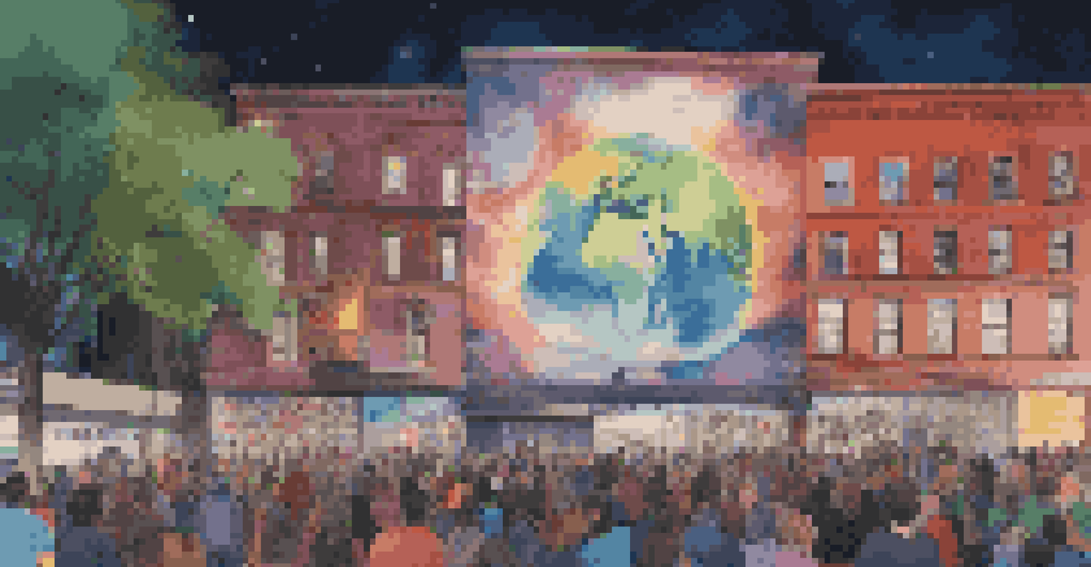 A vibrant digital mural on a city building at night, surrounded by people taking photos, depicting themes of environmental activism.