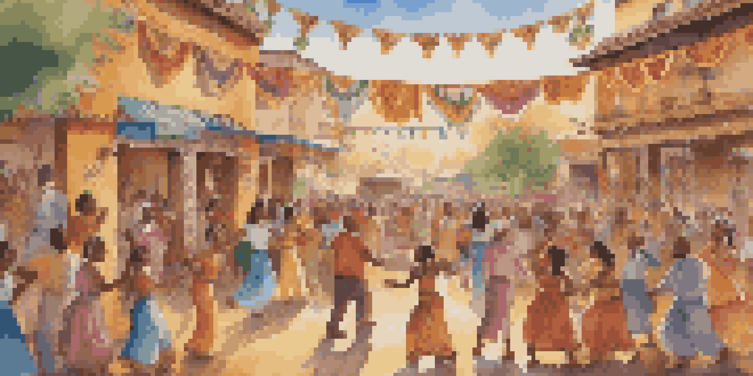 A colorful mural showing a community celebration with people dancing and cultural decorations, illuminated by warm sunlight.