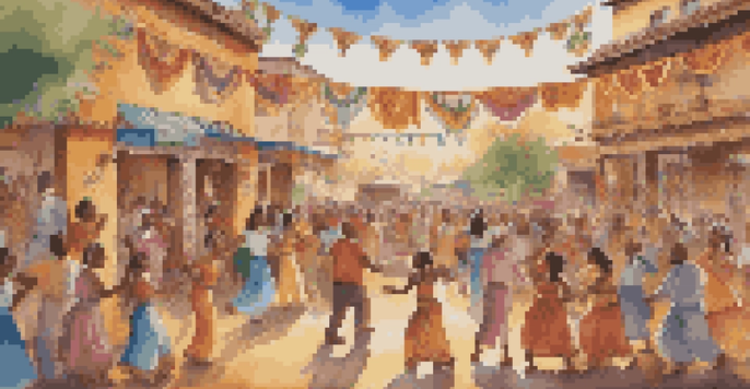 A colorful mural showing a community celebration with people dancing and cultural decorations, illuminated by warm sunlight.