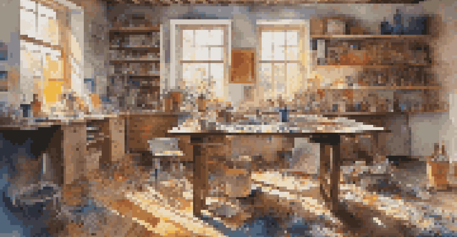 An artist in her studio, working on a canvas surrounded by colorful paint and art supplies.