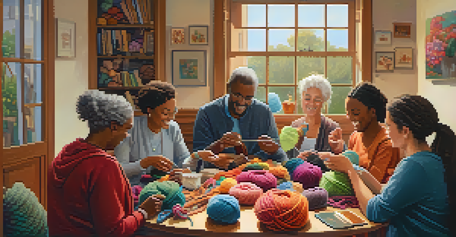 A group of diverse individuals in a cozy room, happily participating in a knitting circle, surrounded by colorful yarn and smiling faces.