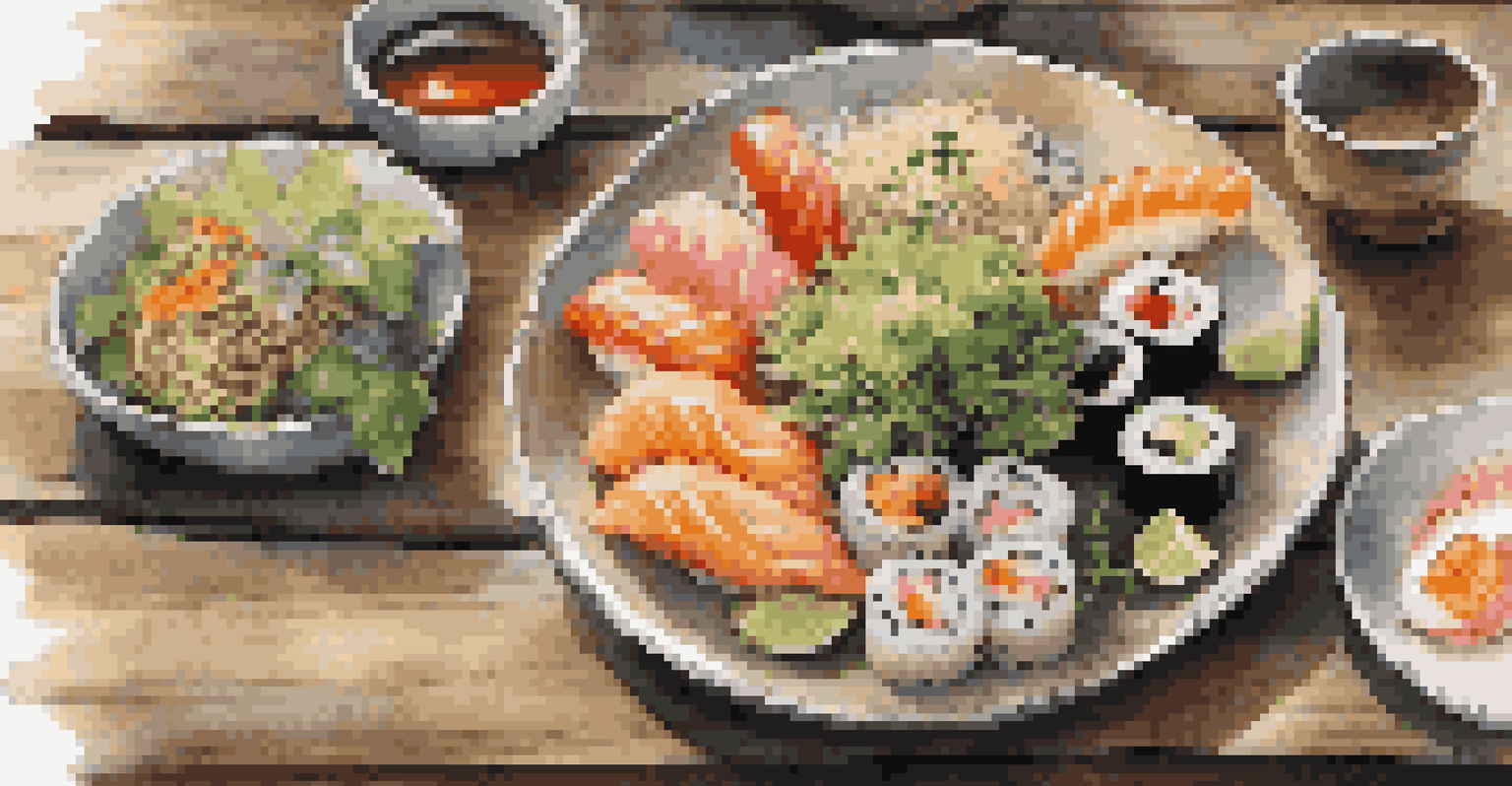 A close-up of a beautifully arranged plate of diverse international cuisines on a wooden table.