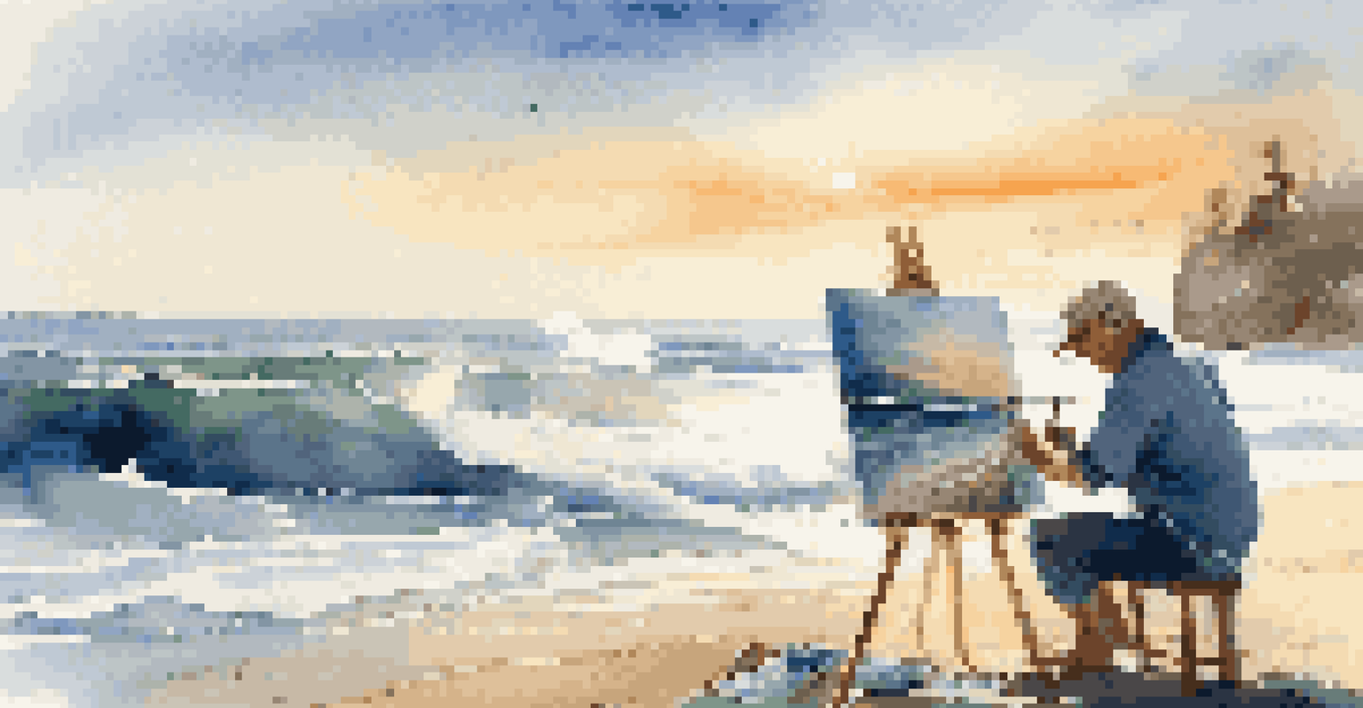 An artist painting by the shore, surrounded by waves and vibrant colors reflecting the ocean.