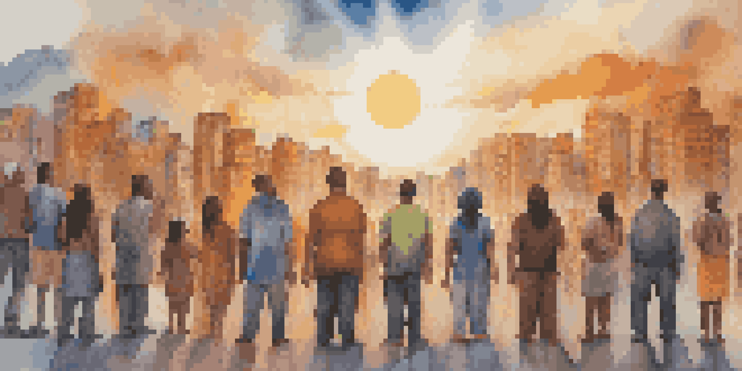 A colorful mural showing a diverse group of individuals united in solidarity, set against an abstract urban background, symbolizing hope and peace.