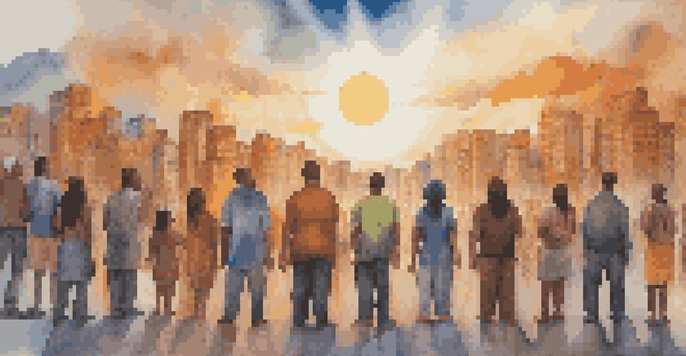 A colorful mural showing a diverse group of individuals united in solidarity, set against an abstract urban background, symbolizing hope and peace.