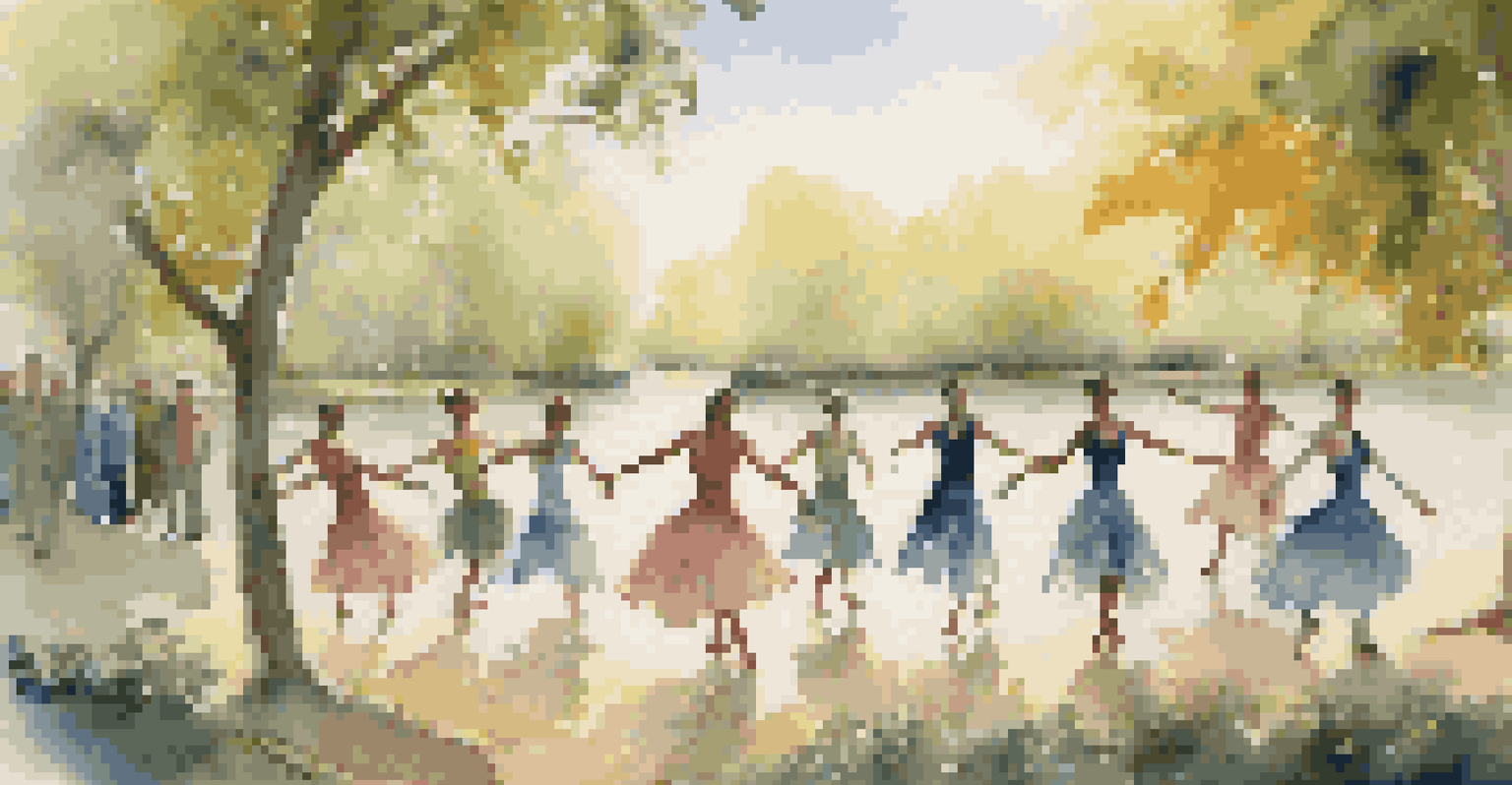 Dancers performing outdoors in a natural setting, wearing costumes made from recycled materials, symbolizing the impact of climate change through expressive movement.
