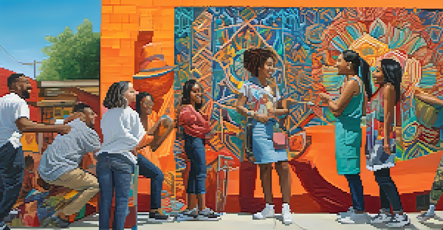 Artists collaborating on a large mural, depicting themes of unity and cultural exchange in a vibrant urban setting.