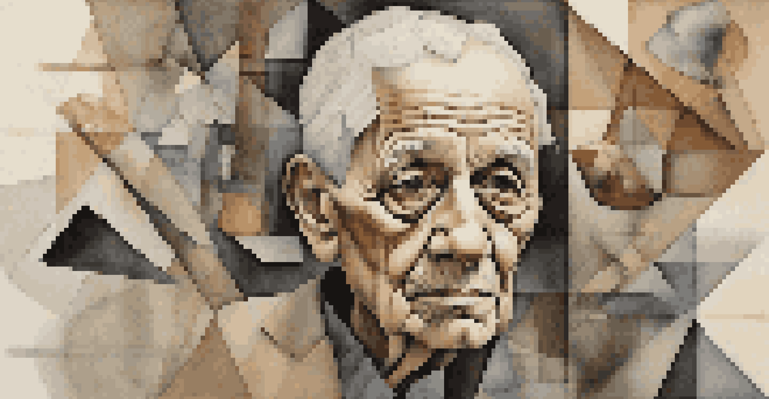 A cubist artwork showing an elderly person depicted through fragmented shapes and muted colors, representing the complexities of aging.
