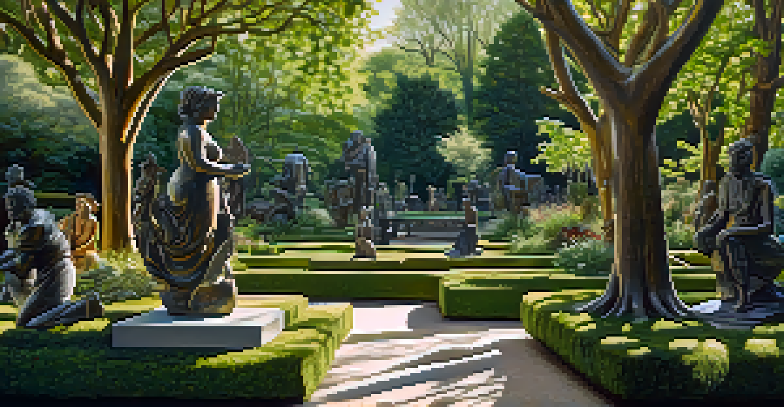 A sculpture garden with contemporary pieces inspired by myths, surrounded by greenery and sunlight.