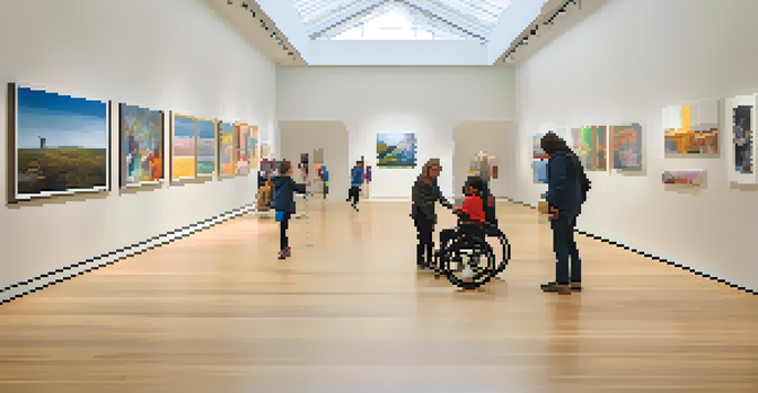 A bright and welcoming art gallery with diverse artworks, wide pathways, and a family exploring an interactive installation, alongside a visually impaired person using a tactile guide.