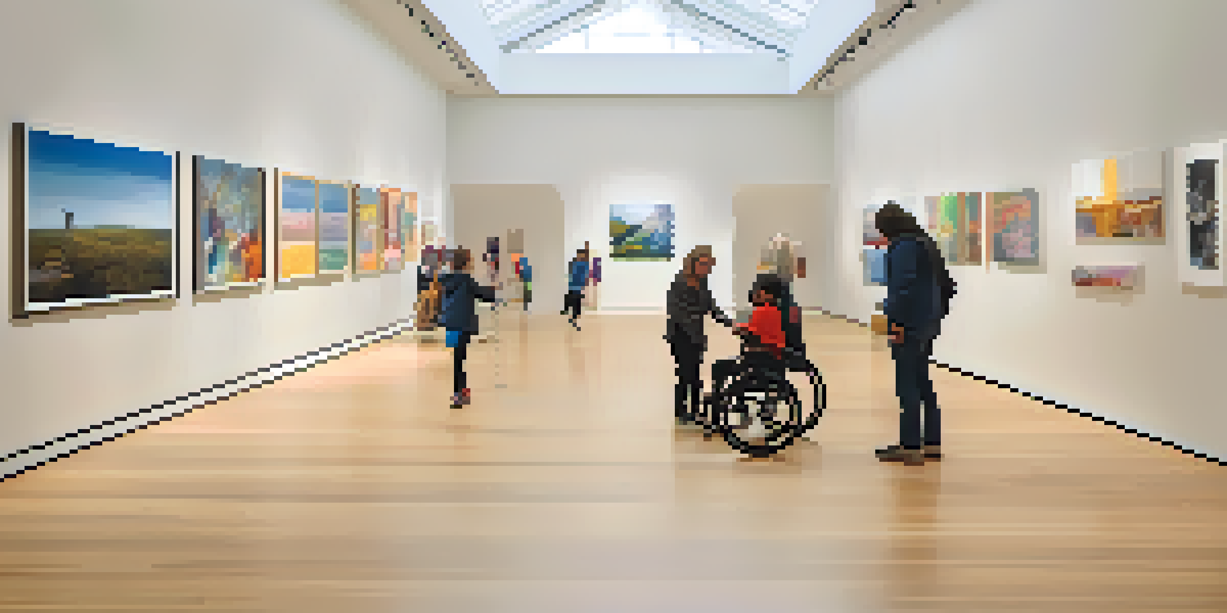 A bright and welcoming art gallery with diverse artworks, wide pathways, and a family exploring an interactive installation, alongside a visually impaired person using a tactile guide.