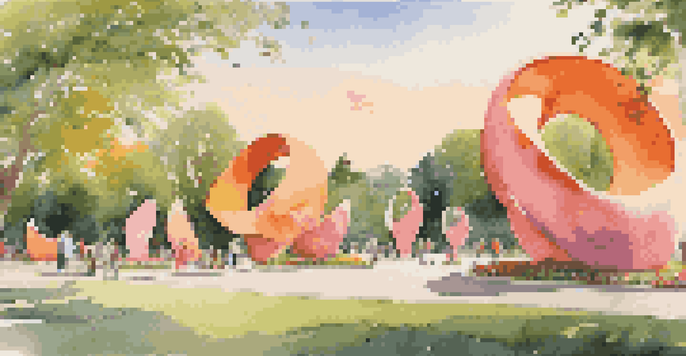 An outdoor art installation showcasing colorful sculptures symbolizing women's empowerment in a park at sunset, with diverse visitors interacting with the art.