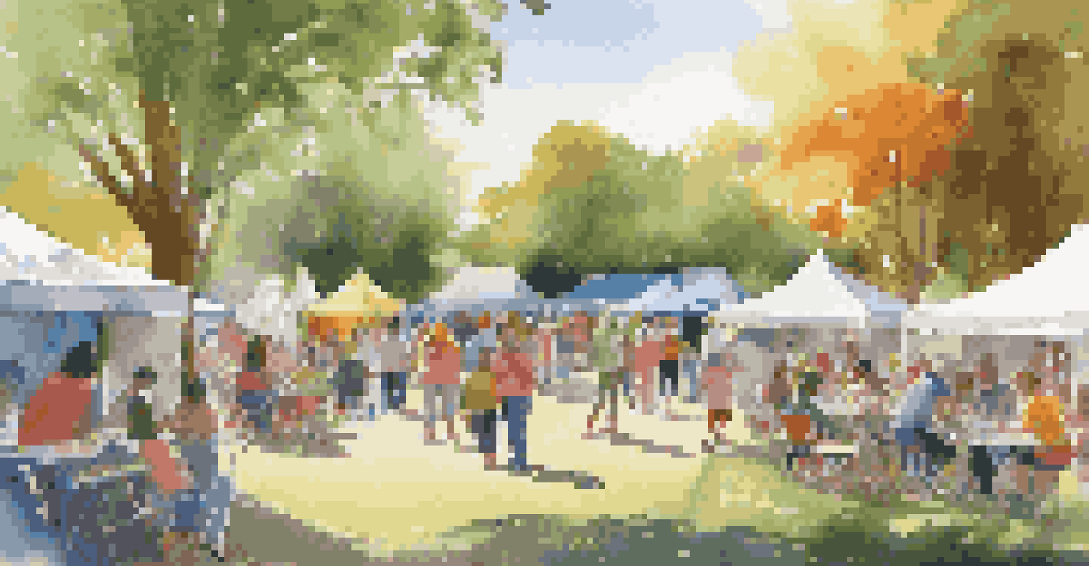 A bustling community art festival in a park with diverse residents creating and showcasing art.