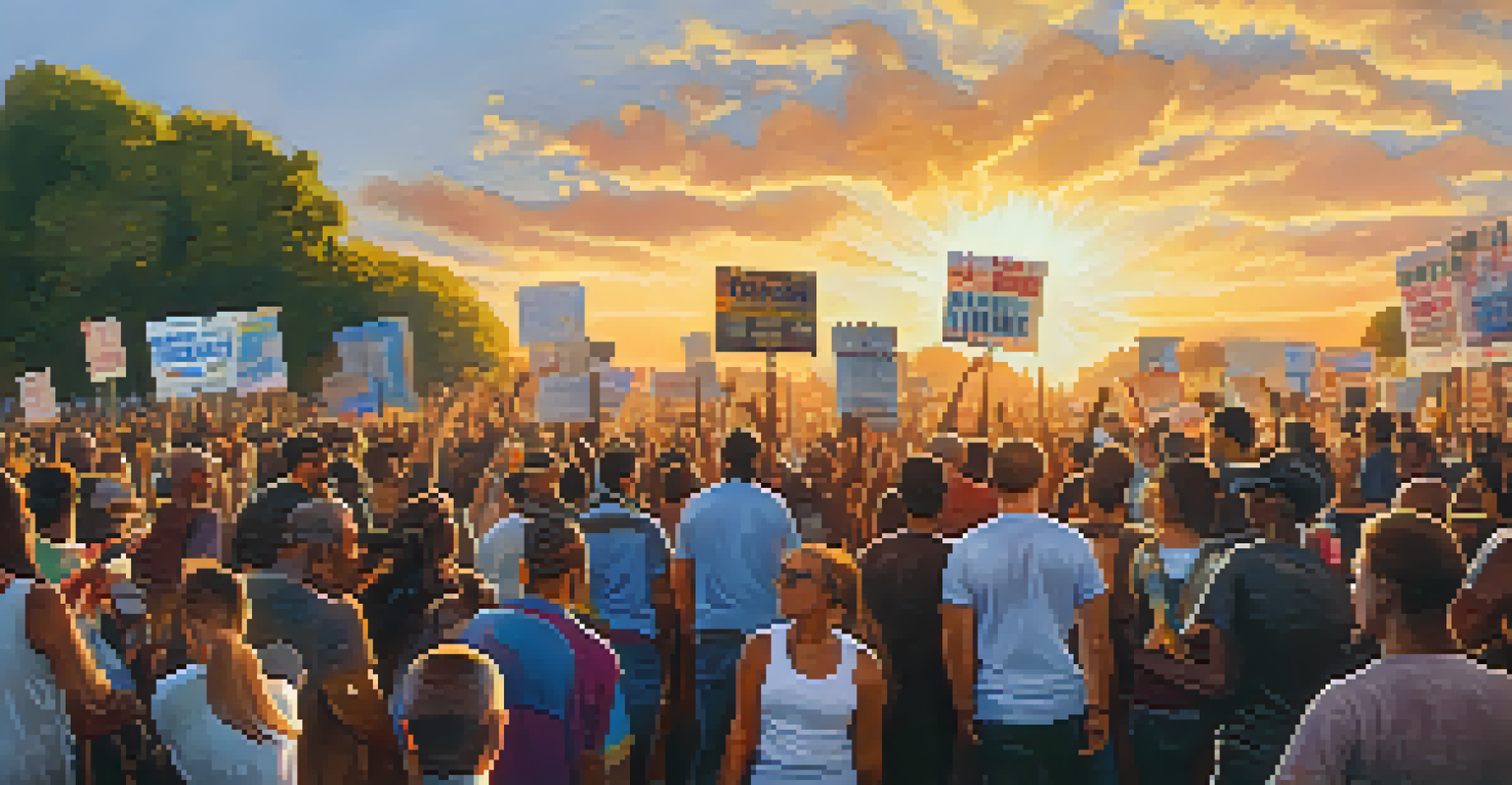 A diverse crowd at a protest, holding colorful signs and banners calling for social change, with a sunset in the background.
