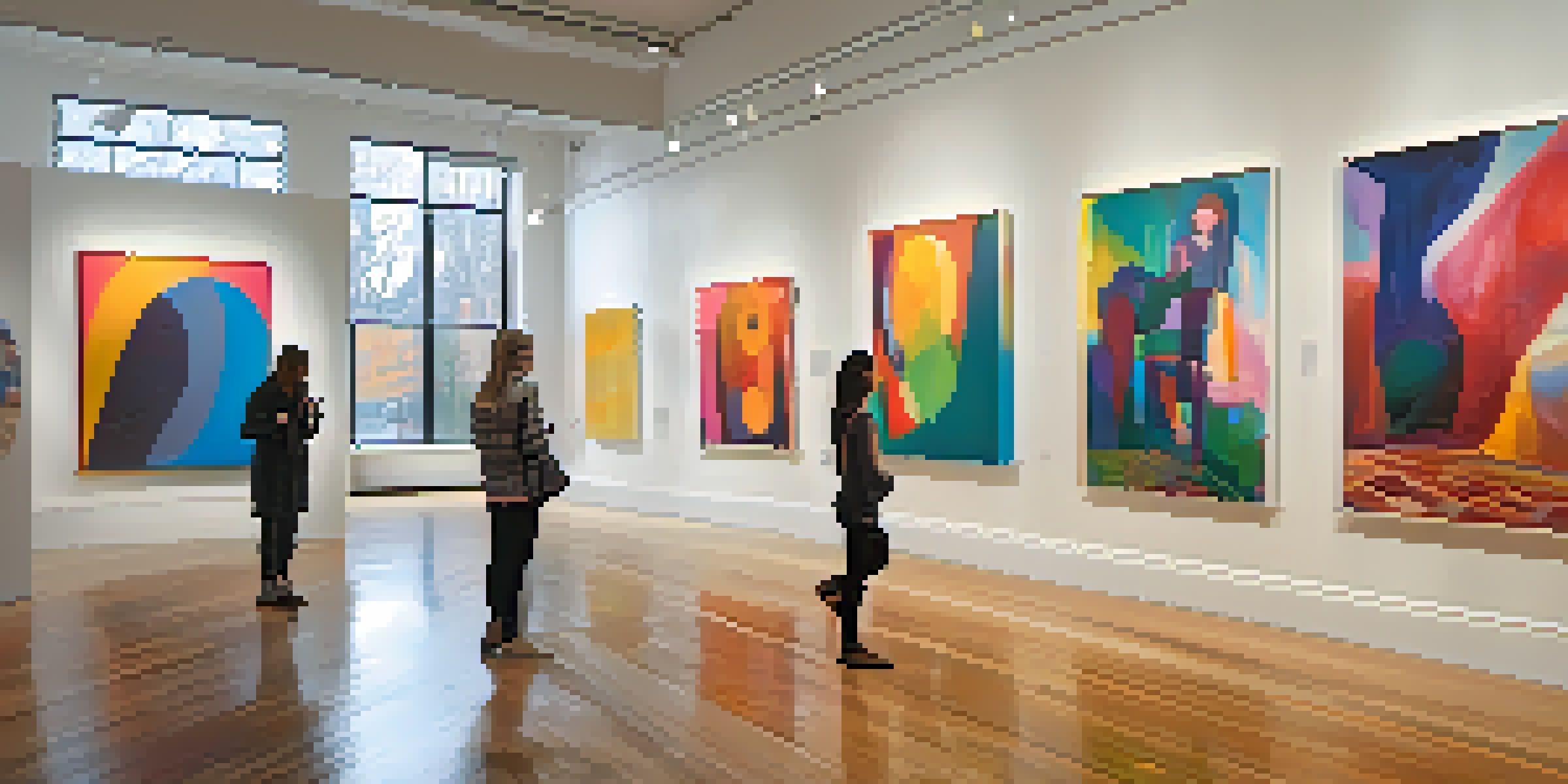 A contemporary art gallery filled with diverse artworks exploring gender fluidity, with bright natural light and visitors admiring the pieces.