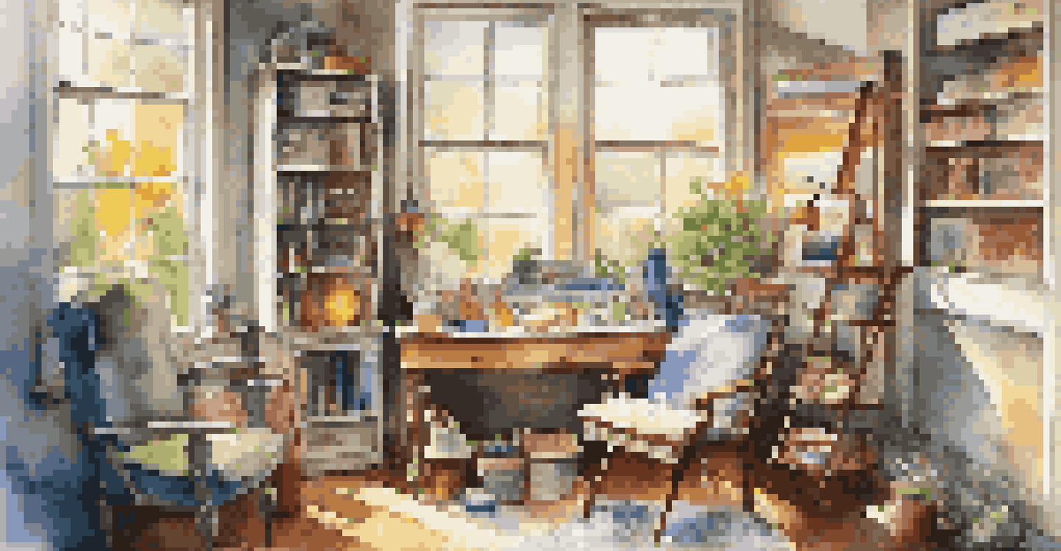 A cozy home art studio filled with art supplies and colorful artworks, illuminated by natural light from a large window.