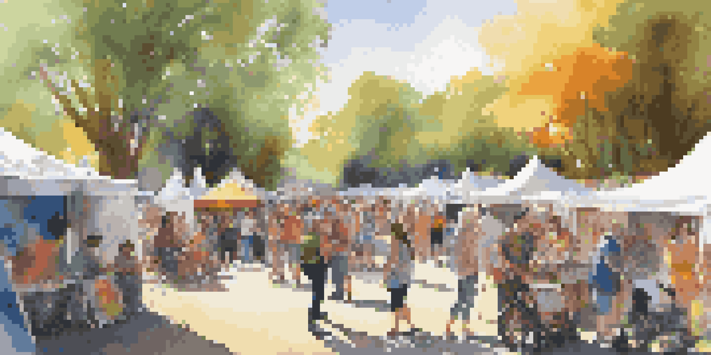 An outdoor art festival featuring diverse disabled artists and colorful art displays, with sunlight filtering through trees.