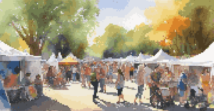 An outdoor art festival featuring diverse disabled artists and colorful art displays, with sunlight filtering through trees.