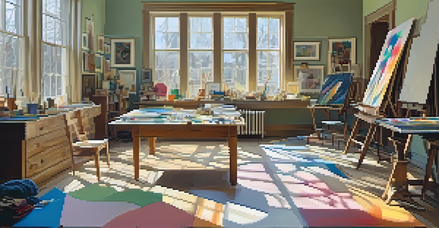 An artist's studio with colorful canvases showing bodies in movement, illuminated by natural light from large windows.